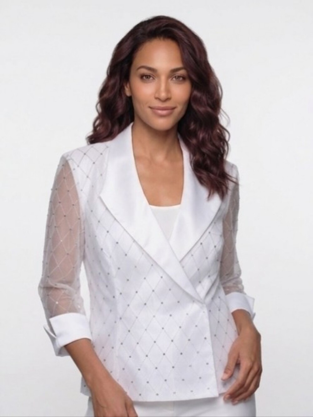 Vintage Glam Sequined R&M RICHARDS Evening Jacket Sheer Sleeves Satin Details